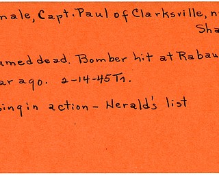 World War II, Vindicator, Paul Lamale, Clarksville, Sharon, missing, presumed dead, bomber hit, Rabaul, 1945, Trumbull