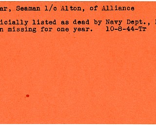 World War II, Vindicator, Alton Lamar, Alliance, missing, officially listed as dead, Navy Department, 1944, Trumbull