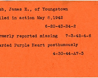 World War II, Vindicator, James E. Lamb, Youngstown, missing, killed, 1942, 1943, Award, Purple Heart, posthumously, 1944