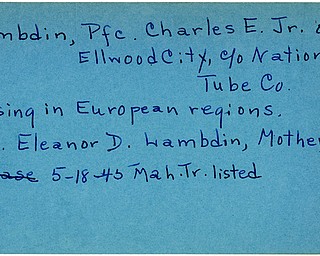 World War II, Vindicator, Charles E. Lambdin Jr., Ellwood City, National Tube Co., missing, Europe, 1945, Mahoning, Trumbull, Mrs. Eleanor D. Lambdin