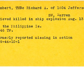 World War II, Vindicator, Richard A. Lambert, Warren, missing, 1944, believed killed, ship explosion, near Philippine Island, 1946, Trumbull