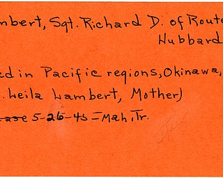 World War II, Vindicator, Richard D. Lambert, Hubbard, killed, Pacific, Okinawa, 1945, Mahoning, Trumbull, Mrs. Leila Lambert