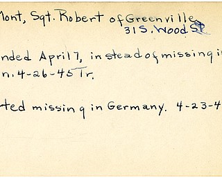 World War II, Vindicator, Robert La Mont, LaMont, Greenville, wounded, wounded instead of missing, missing, Germany, 1945, Trumbull