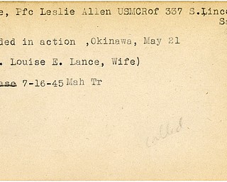 World War II, Vindicator, Leslie Allen Lance, Salem, wounded, Okinawa, 1945, Mahoning, Trumbull, Mrs. Louise E. Lance