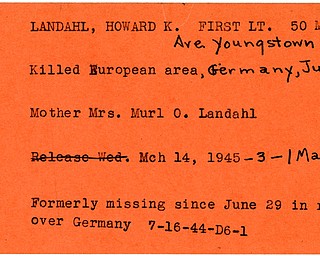 World War II, Vindicator, Howard K. Landahl, Youngstown, killed, Europe, Germany, Mrs. Murl O. Landahl, 1945, Mahoning, Trumbull, missing, raid over Germany, 1944