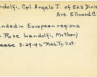 World War II, Vindicator, Angelo J. Landolfi, Ellwood City, wounded, Euorpe, 1945, Mahoning, Trumbull, Mrs. Rose Landolfi