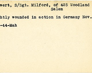 World War II, Vindicator, Milford Landwert, Salem, wounded, Germany, 1944, Mahoning