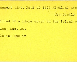 World War II, Vindicator, Paul Lannert, New Castle, killed, plane crash, Tinian, 1945, Mahoning, Trumbull