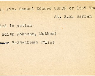 World War II, Vindicator, Samuel Edward Lanza, Warren, wounded, 1945, Mahoning, Trumbull, Mrs. Edith Johnson