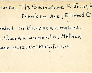 World War II, Vindicator, Salvatore F. Lapenta Jr., Ellwood City, wounded, Europe, 1945, Mahoning, Trumbull, Mrs. Sarah Lapenta