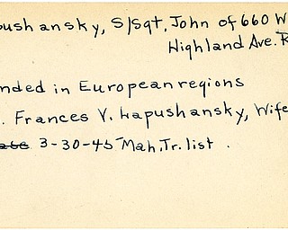 World War II, Vindicator, John Lapushansky, Ravenna, wounded, Europe, 1945, Mahoning, Trumbull, Mrs. Frances V. Lapushansky