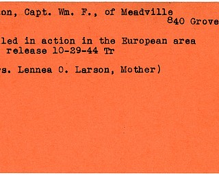 World War II, Vindicator, William F. Larson, Meadville, killed, Europe, 1944, Trumbull, Mrs. Lennea O. Larson
