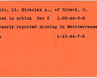 World War II, Vindicator, Nicholas A. Lastic, Girard, Ohio, killed, missing, Mediterranean, 1944