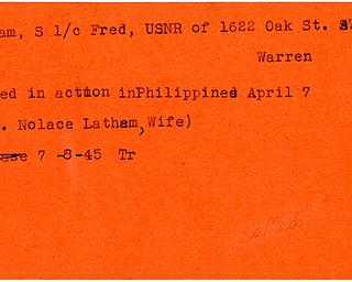 World War II, Vindicator, Fred Latham, Warren, killed, Philippines, 1945, Trumbull, Mrs. Nolace Latham