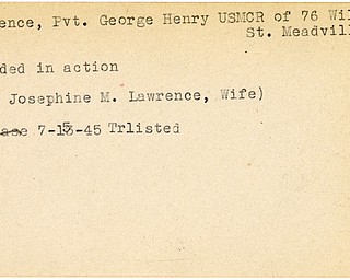 World War II, Vindicator, George Henry Lawrence, Meadville, wounded, 1945, Trumbull, Mrs. Josephine M. Lawrence