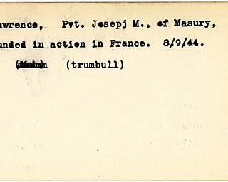 World War II, Vindicator, Joseph M. Lawrence, Masury, wounded, France, 1944, Trumbull