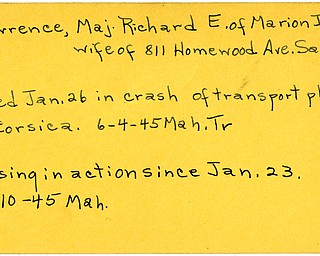 World War II, Vindicator, Richard E. Lawrence, Marion, Indiana, wife of Salem, missing, killed, crash, transport plane, Corsica, 1945, Mahoning, Trumbull