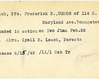 World War II, Vindicator, Frederick B. Leach, Youngstown, wounded, Iwo Jima, 1945, Mahoning, Trumbull, Mr. & Mrs. Lyell B. Leach