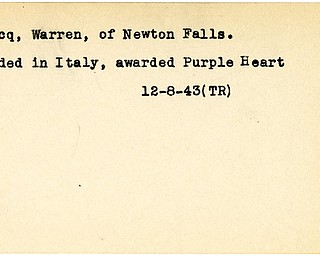 World War II, Vindicator, Warren Lecocq, Newton Falls, wounded, Italy, award, Purple Heart, 1943, Trumbull