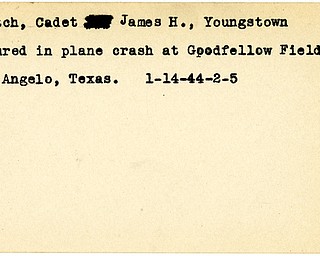 World War II, Vindicator, James H. Leetch, Youngstown, injured, wounded, plane crash, Goodfellow Field, San Angelo, Texas, 1944