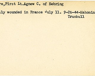World War II, Vindicator, Agnew C. LeFevre, Sebring, wounded, France, 1944, Mahoning, Trumbull