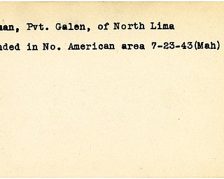 World War II, Vindicator, Galen Lehman, North Lima, wounded, North American area, 1943, Mahoning