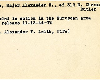 World War II, Vindicator, Alexander F. Leith, Butler, wounded, Europe, 1944, Mrs. Alexander F. Leith