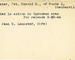 World War II, Vindicator, Harold R. Lemaster, Steubenville, wounded, Europe, 1944, Mrs. Jean E. Lemaster