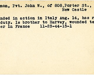 World War II, Vindicator, John W. Lemmon, New Castle, wounded, Italy, returned to duty, Harvey Lemmon, 1944