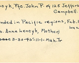 World War II, Vindicator, John P. Lencyk, Campbell, wounded, Pacific, Luzon, 1945, Mahoning, Trumbull, Mrs. Anna Lencyk