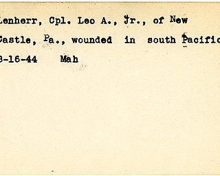 World War II, Vindicator, Leo A. Lenherr Jr., New Castle, Pennsylvania, wounded, South Pacific, 1944, Mahoning