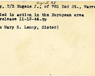 World War II, Vindicator, Eugene J. Lenny, Warren, wounded, Europe, 1944, Trumbull, Mary K. Lenny