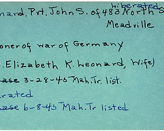World War II, Vindicator, John S. Leonard, Meadville, prisoner, Germany, liberated, 1945, Mahoning, Trumbull, Mrs. Elizabeth K. Leonard