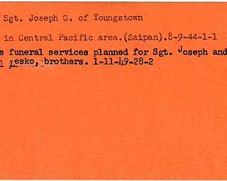 World War II, Vindicator, Joseph G. Lesko, Youngstown, killed, Central Pacific, Saipan, 1944, Michael Lesko, double funeral services, 1949