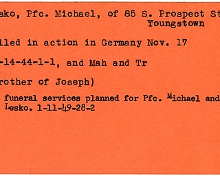 World War II, Vindicator, Michael Lesko, Youngstown, killed, Germany, 1944, Mahoning, Trumbull, Joseph Lesko, double funeral services, 1949