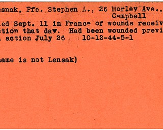 World War II, Vindicator, Stephen A. Lesnak, Campbell, died, France, wounded, killed, 1944, name is not Lensak