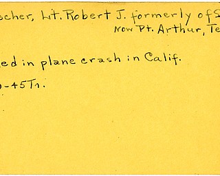 World War II, Vindicator, Robert J. Letscher, formerly of Sharon, Arthur, Texas, killed, plane crash, California, 1945, Trumbull