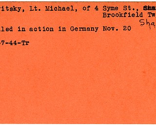 World War II, Vindicator, Michael Levitsky, Brookfield Township, Sharon, killed, Germany, 1944, Trumbull