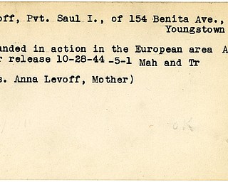 World War II, Vindicator, Saul I. Levoff, Youngstown, wounded, Europe, 1944, Mahoning, Trumbull, Mrs. Anna Levoff