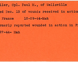 World War II, Vindicator, Paul M. Miller, Wellsville, wounded, France, died of wounds, killed, 1944, Mahoning