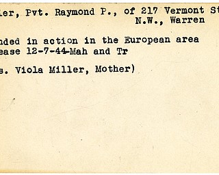 World War II, Vindicator, Raymond P. Miller, Warren, wounded, Europe, 1944, Mahoning, Trumbull, Mrs. Viola Miller