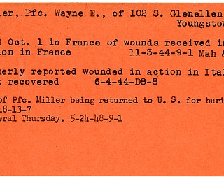 World War II, Vindicator, Wayne E. Miller, Youngstown, wounded, Italy, died of wounds, killed, France, 1944, body returned to U.S., burial, funeral, 1948, Mahoning, Trumbull