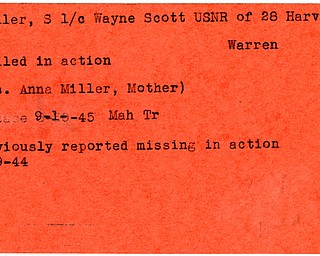 World War II, Vindicator, Wayne Scott Miller, Warren, missing, killed, 1944, 1945, Mahoning, Trumbull, Mrs. Anna Miller