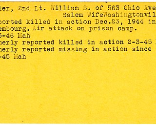 World War II, Vindicator, William S. Miller, Salem, missing, killed, Luxembourg, 1944, 1945, 1946, Mahoning, prison camp