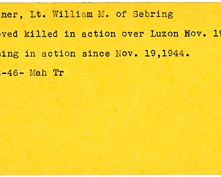 World War II, Vindicator, William M. Millner, Sebring, missing, 1944, believed killed, Luzon, 1946, Mahoning, Trumbull