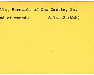 World War II, Vindicator, Bernard Mills, New Castle, Pennsylvania, died of wounds, wounded, 1943, Mahoning