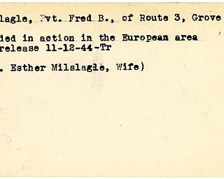 World War II, Vindicator, Fred B. Milslagle, Grove City, wounded, Europe, 1944, Trumbull, Mrs. Esther Milslagle