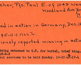 World War II, Vindicator, Paul E. Mincher, Youngstown, missing, killed, Germany, 1945, body returned to U.S, burial, funeral, 1948, Mahoning, Trumbull