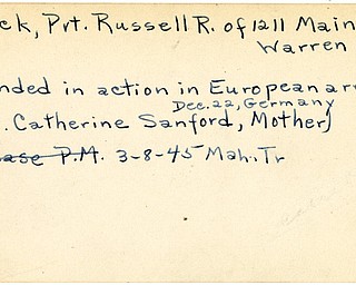World War II, Vindicator, Russell R. Minick, Warren, wounded, Europe, Germany, 1945, Mahoning, Trumbull, Mrs. Catherine Sanford