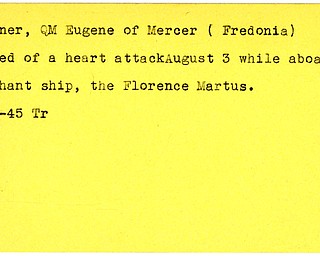 World War II, Vindicator, Eugene Minner, Mercer, Fredonia, died, heart attack, Florence Martus, 1945, Trumbull